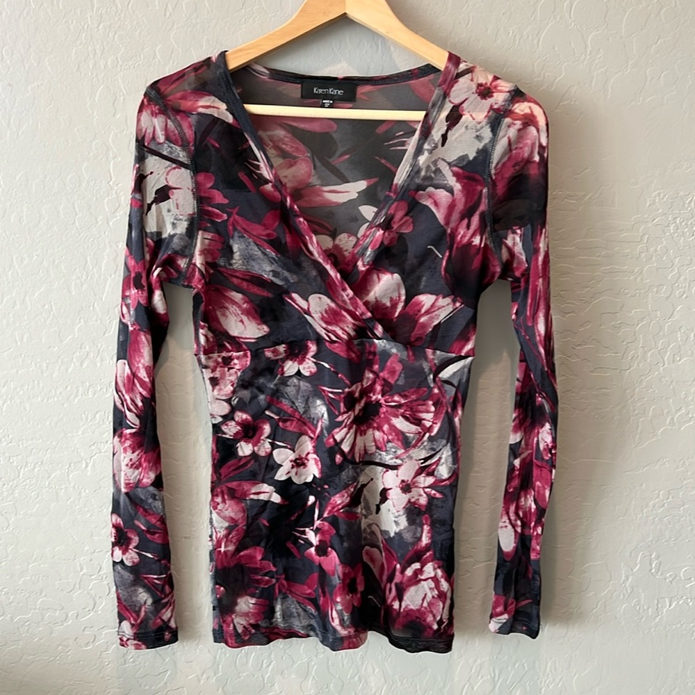 Karen Kane Crossover Faux Wrap Black White Purple Floral Semi-Sheer Mesh Top M